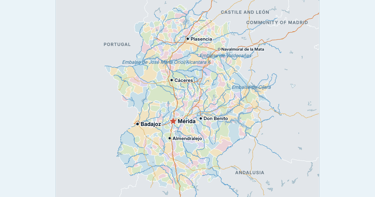 Map of Extremadura with its largest cities