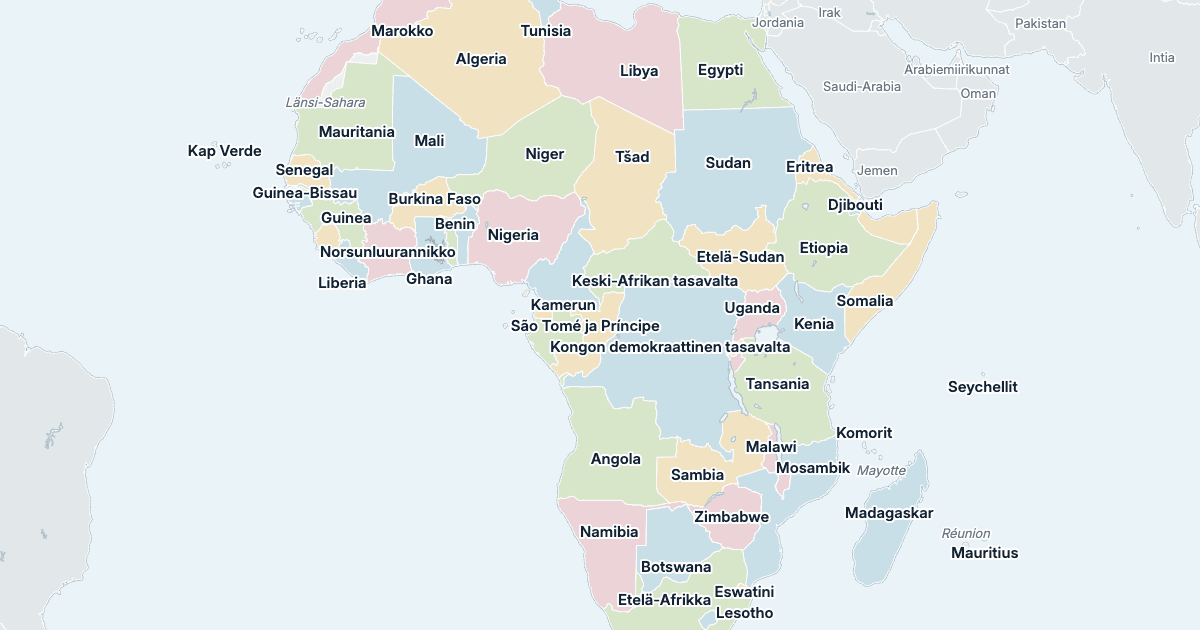 Afrikan kartta: kaikki maat nimettyinä