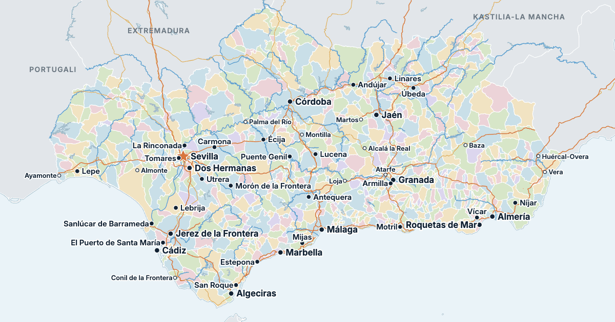 Andalusian kartta ja suurimmat kaupungit