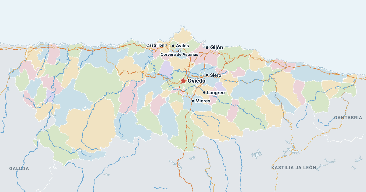 Asturian kartta ja suurimmat kaupungit