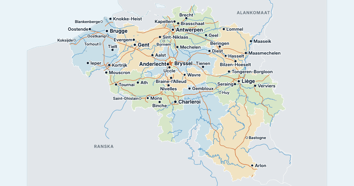 Belgian kartta ja suurimmat kaupungit