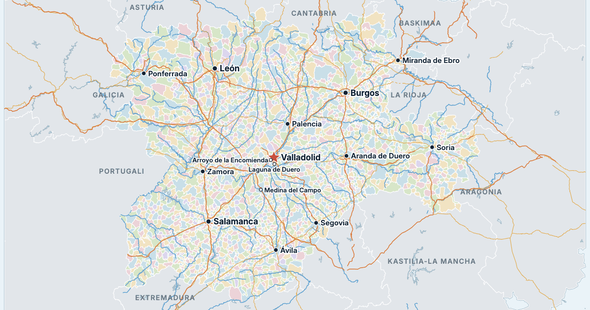 Kastilia ja Leónin kartta ja suurimmat kaupungit