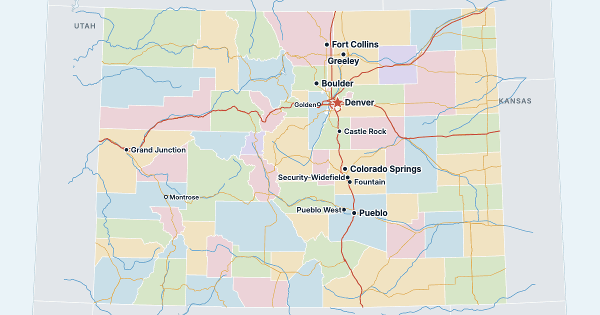 Coloradon kartta ja suurimmat kaupungit