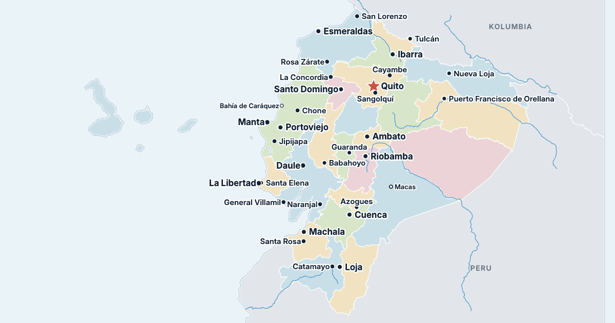 Ecuadorin kartta ja suurimmat kaupungit