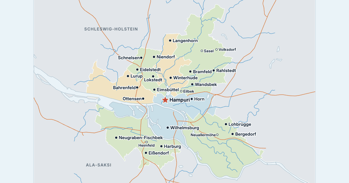 Hampurin kartta ja suurimmat kaupungit