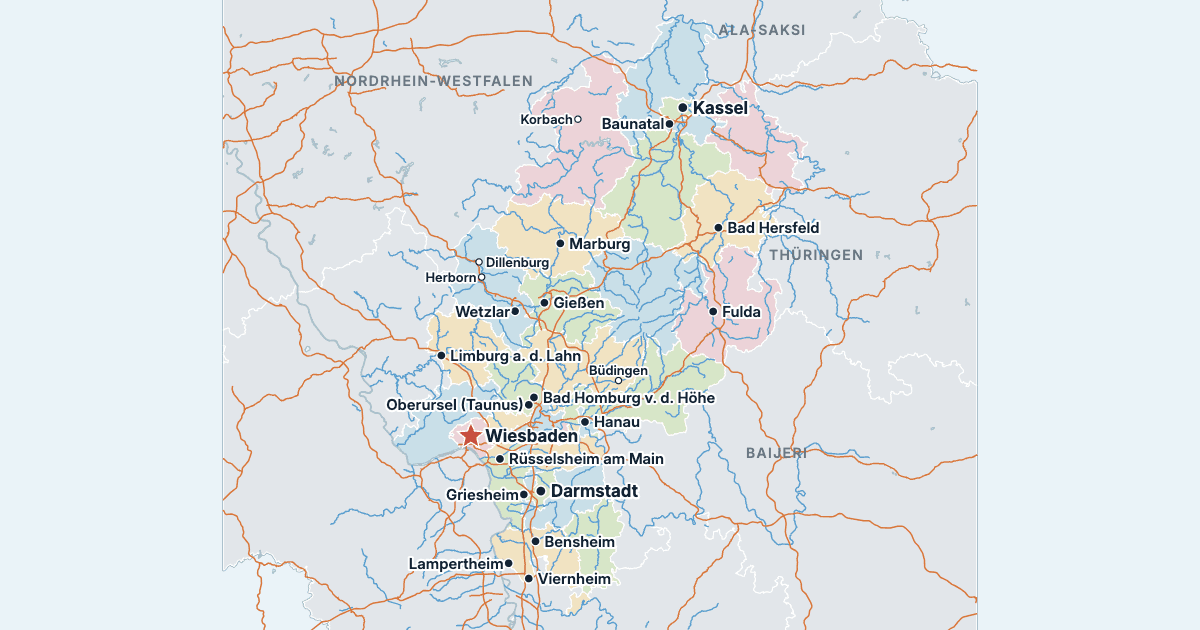 Hessenin kartta ja suurimmat kaupungit
