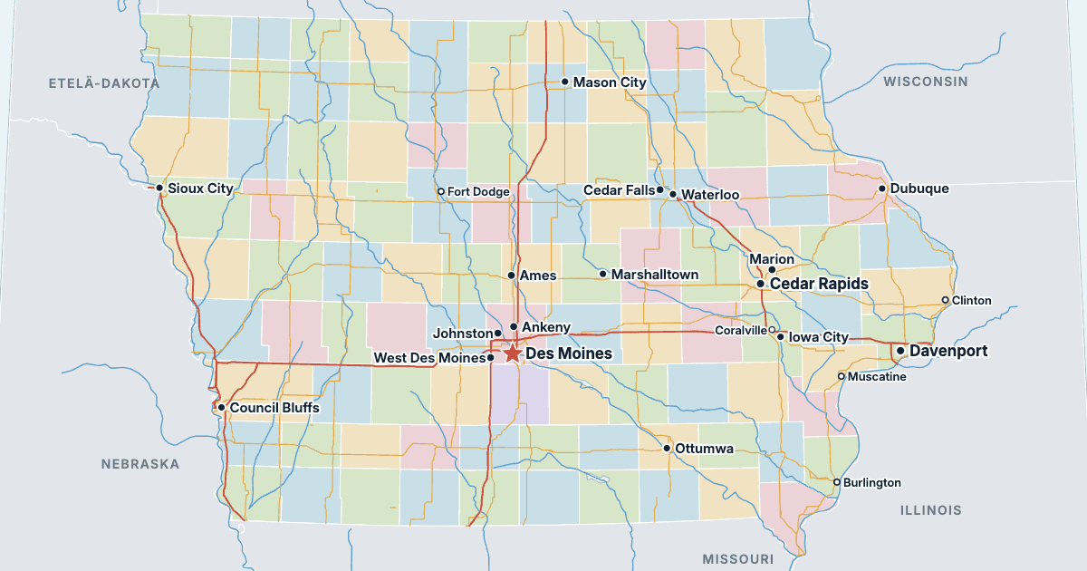 Iowan kartta ja suurimmat kaupungit