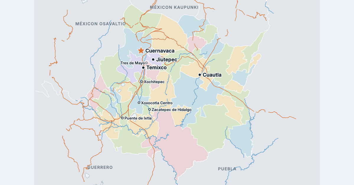 Morelosin osavaltion kartta ja suurimmat kaupungit