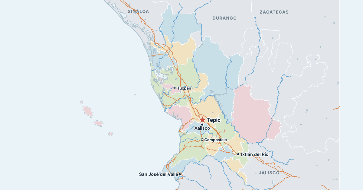 Nayaritin osavaltion kartta ja suurimmat kaupungit
