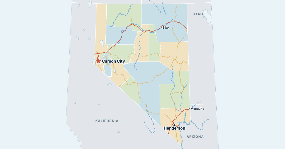 Nevadan kartta ja suurimmat kaupungit