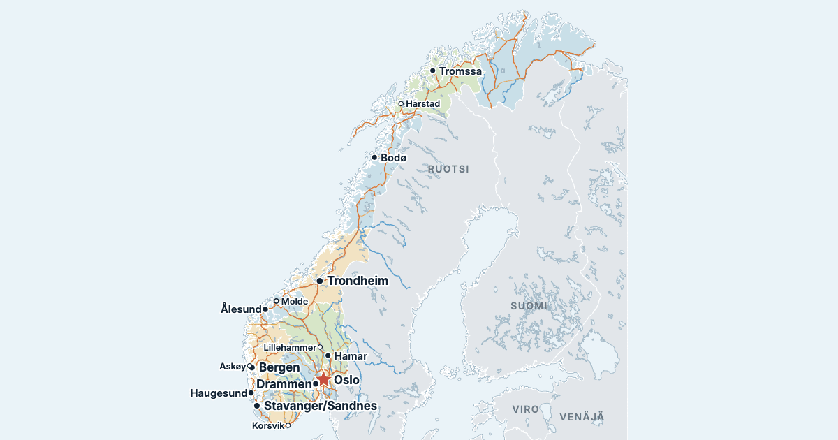 Norjan kartta ja suurimmat kaupungit