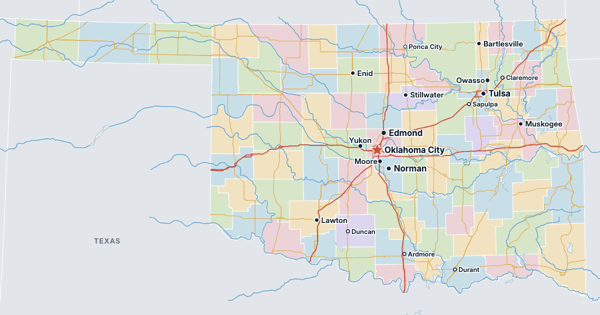 Oklahoman kartta ja suurimmat kaupungit