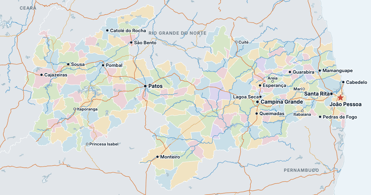 Paraíban osavaltion kartta ja suurimmat kaupungit