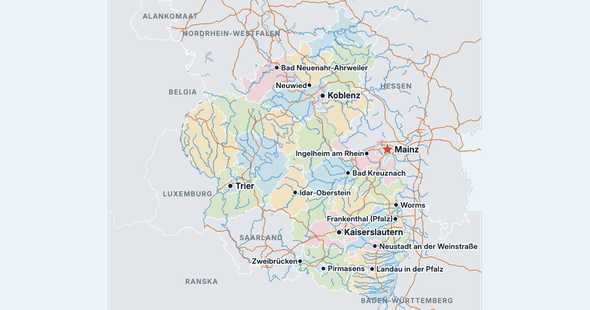 Rheinland-Pfalzin kartta ja suurimmat kaupungit