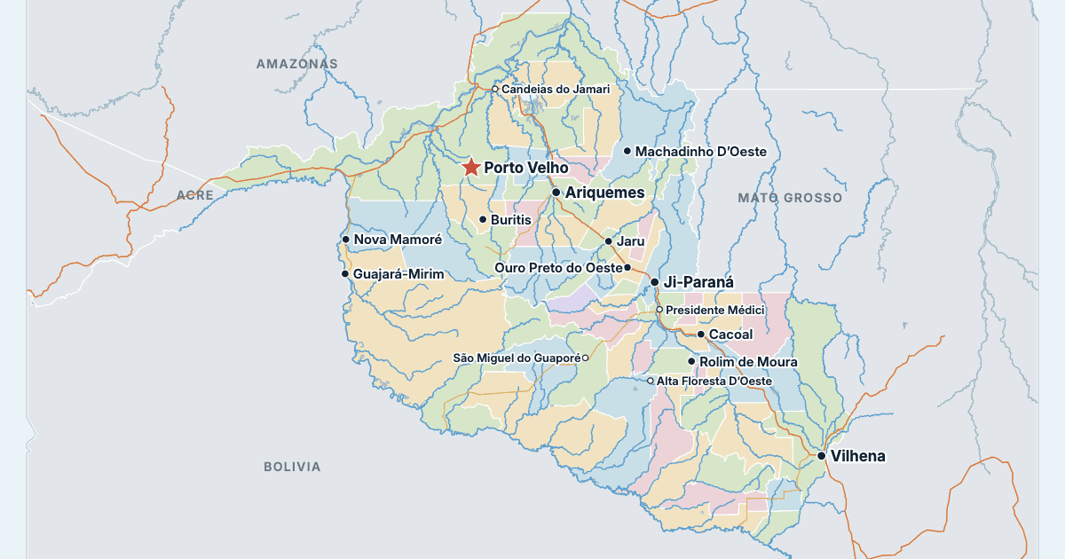 Rondônian osavaltion kartta ja suurimmat kaupungit
