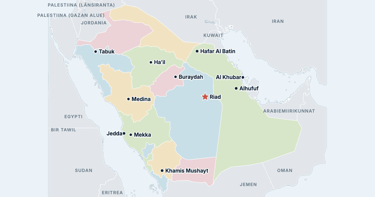 Saudi-Arabian kartta ja suurimmat kaupungit