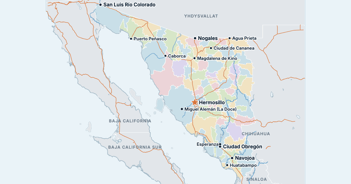 Sonoran osavaltion kartta ja suurimmat kaupungit