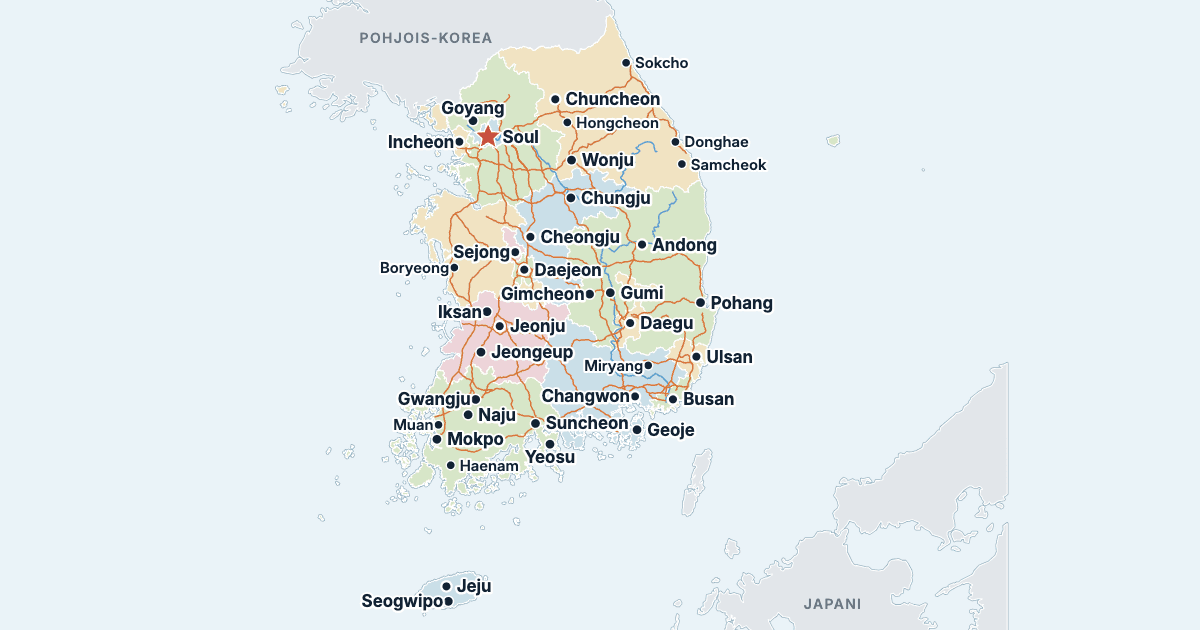 Etelä-Korean kartta ja suurimmat kaupungit