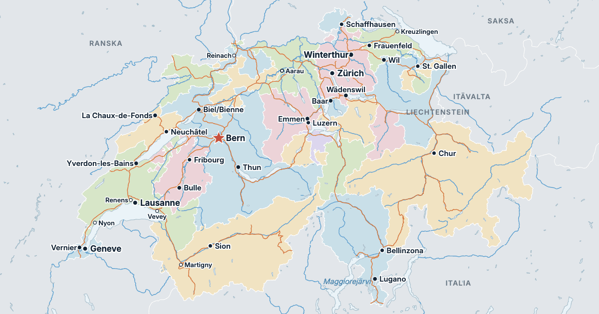 Sveitsin kartta ja suurimmat kaupungit