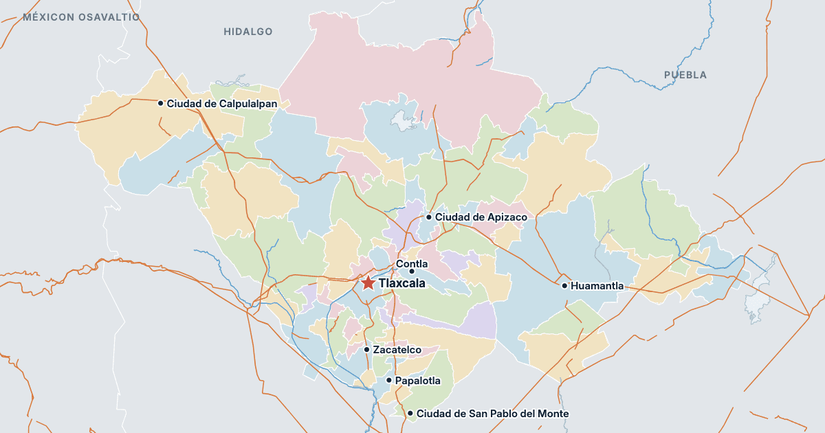Tlaxcalan osavaltion kartta ja suurimmat kaupungit
