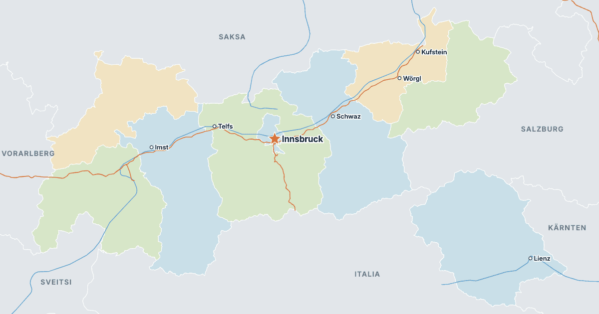 Tirolin kartta ja suurimmat kaupungit