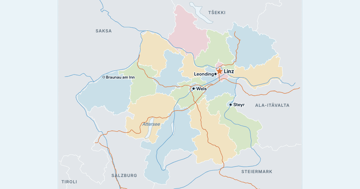 Ylä-Itävallan kartta ja suurimmat kaupungit