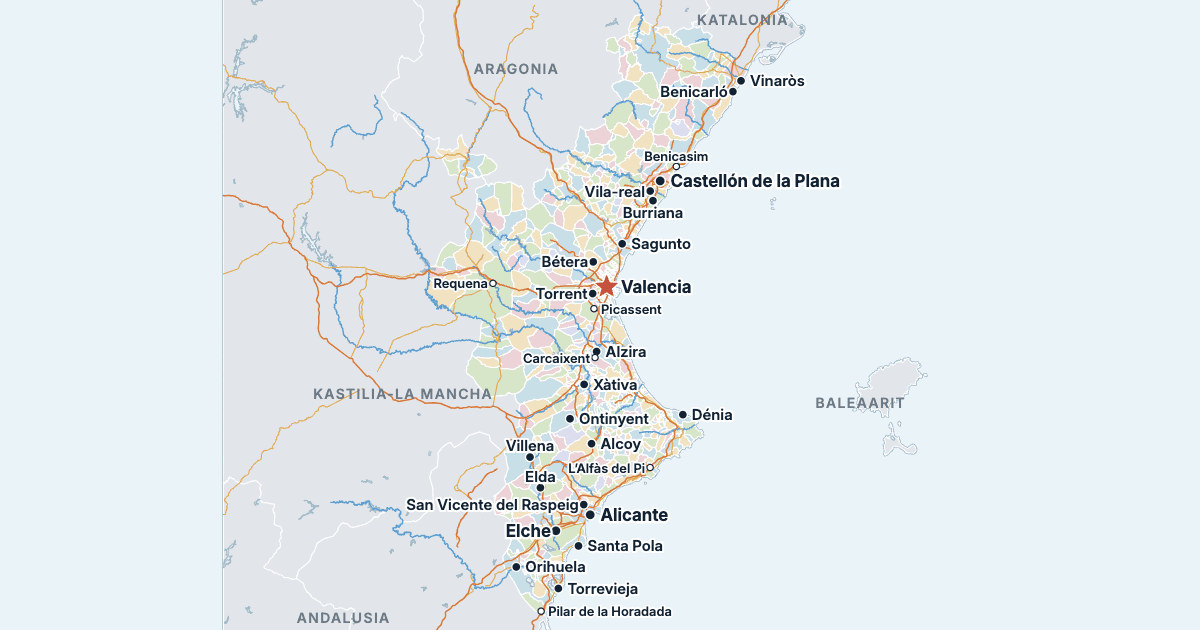Valencian itsehallintoalueen kartta ja suurimmat kaupungit