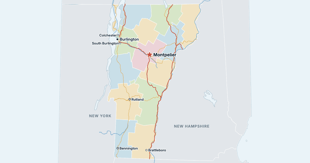 Vermontin kartta ja suurimmat kaupungit
