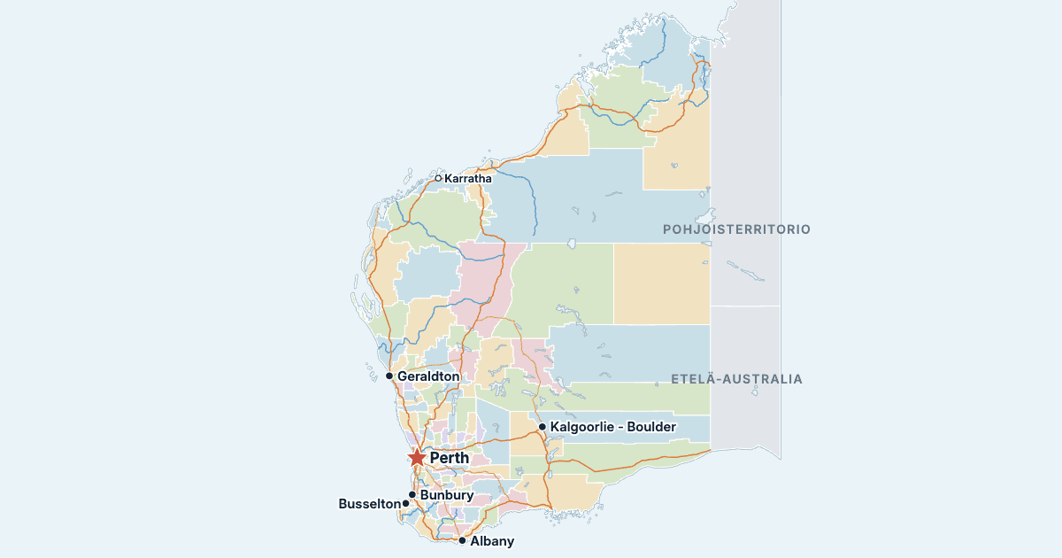 Länsi-Australian kartta ja suurimmat kaupungit