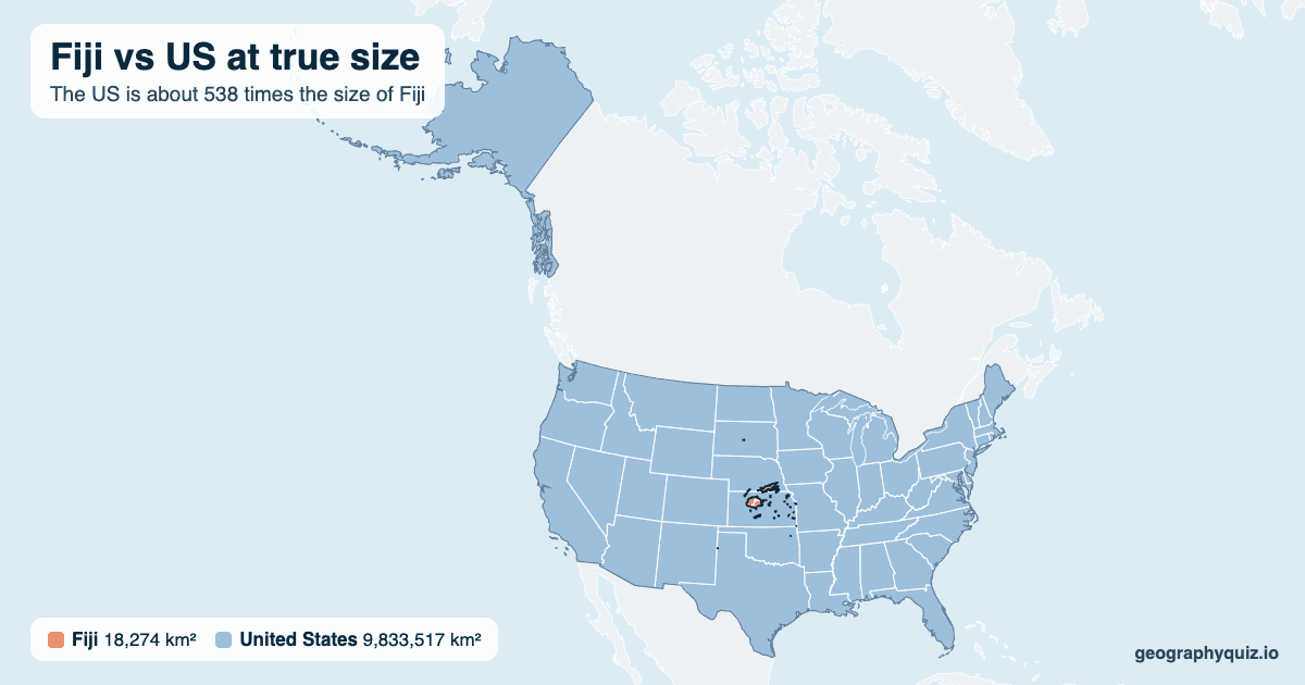 Fiji vs US size comparison map: Fiji laid over the US at true size. The US is about 538 times the size of Fiji.