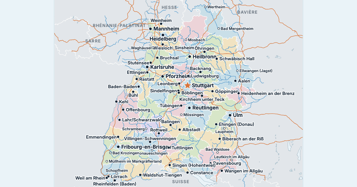 Carte du Bade-Wurtemberg avec ses plus grandes villes