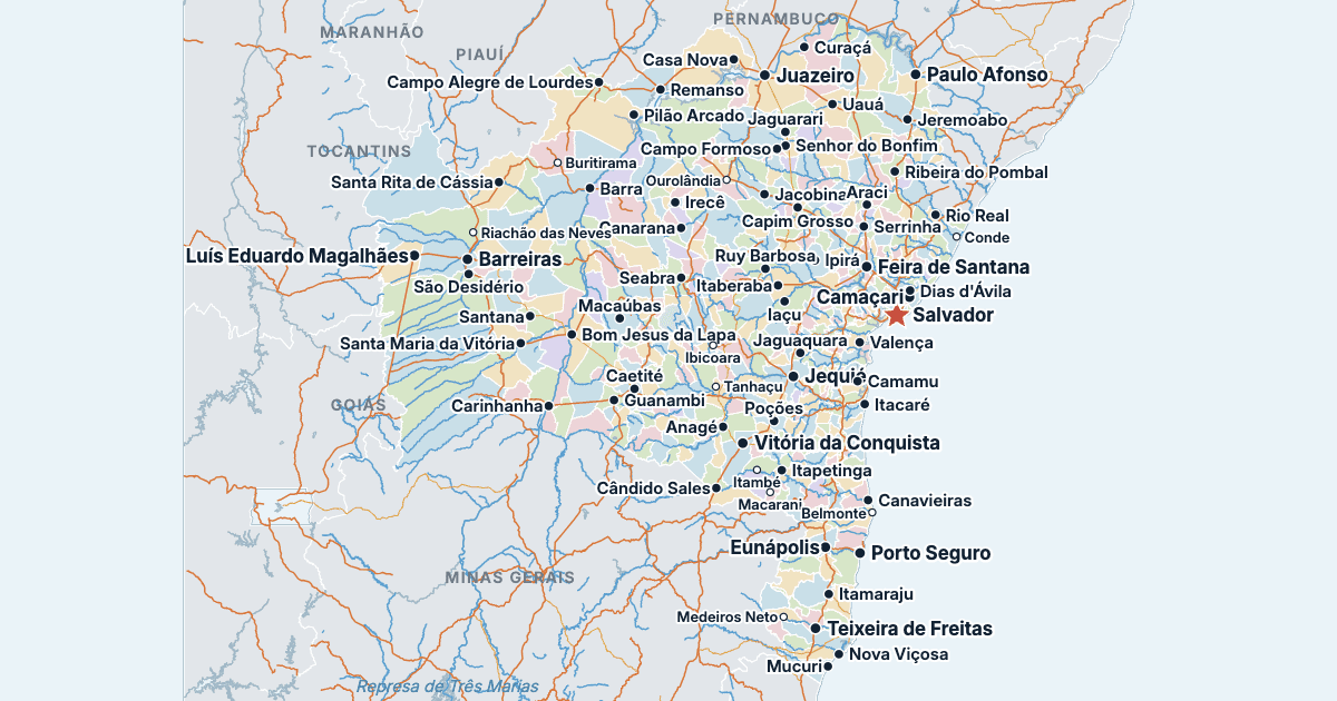 Carte de Bahia avec ses plus grandes villes