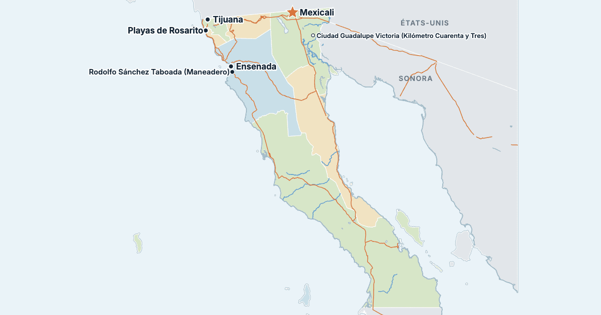 Carte de la Basse-Californie avec ses plus grandes villes