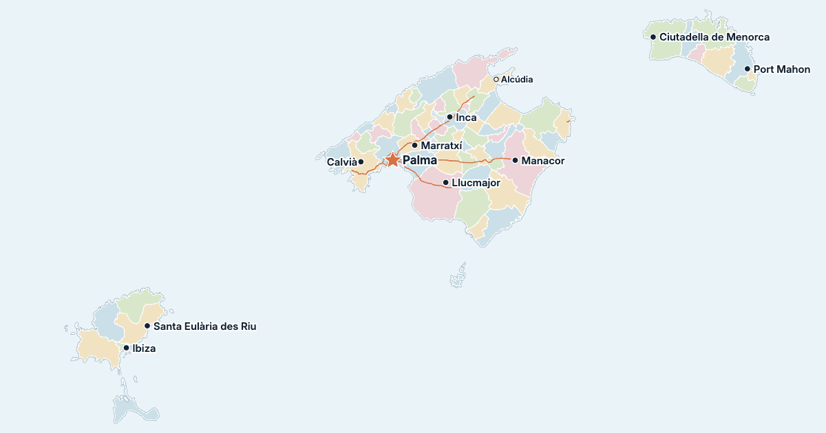 Carte des îles Baléares avec ses plus grandes villes