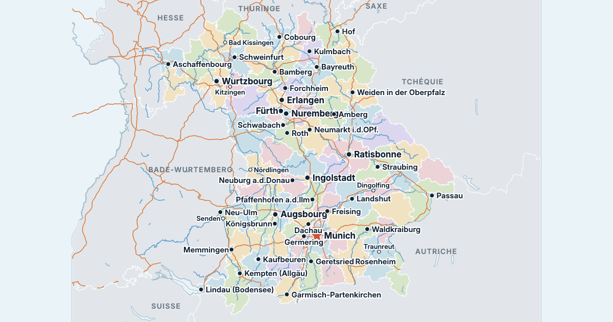 Carte de la Bavière avec ses plus grandes villes