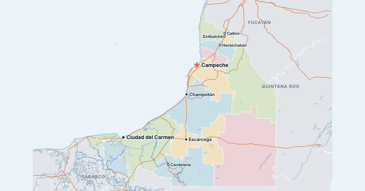 Carte du Campeche avec ses plus grandes villes