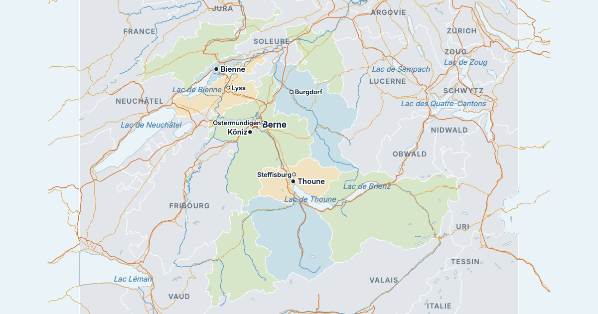 Carte du canton de Berne avec ses plus grandes villes