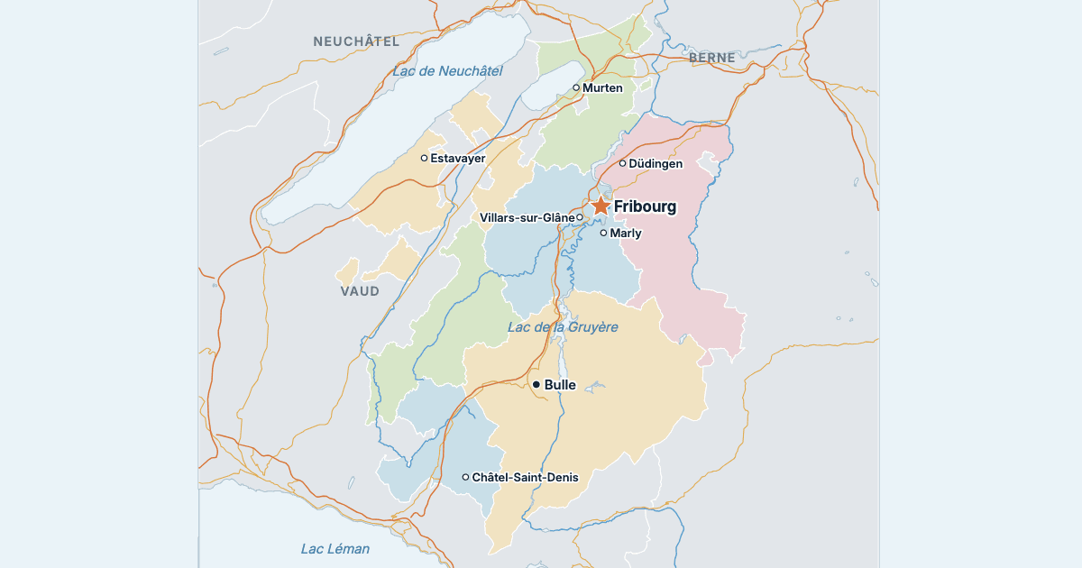 Carte du canton de Fribourg avec ses plus grandes villes