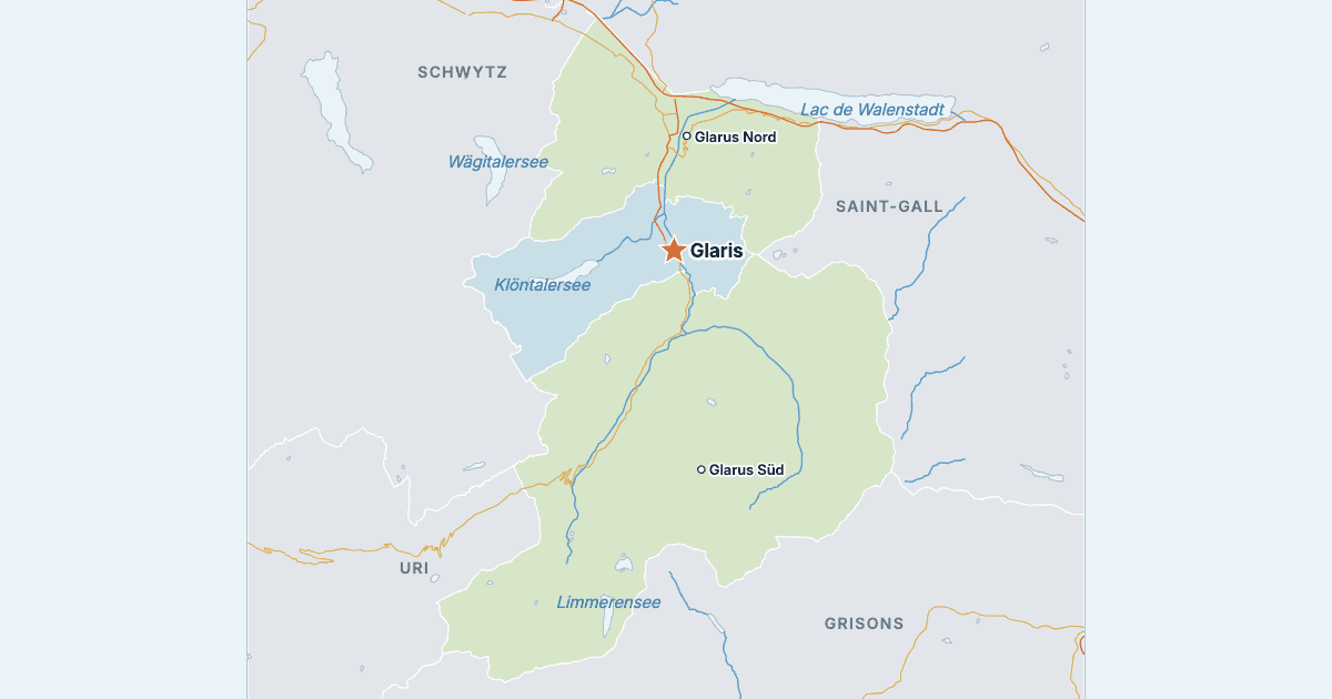 Carte du canton de Glaris avec ses plus grandes villes