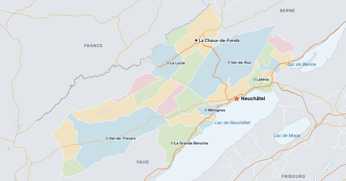 Carte du canton de Neuchâtel avec ses plus grandes villes