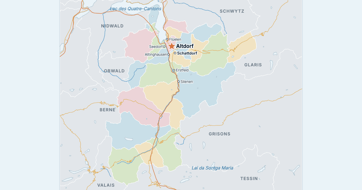 Carte du canton d’Uri avec ses plus grandes villes