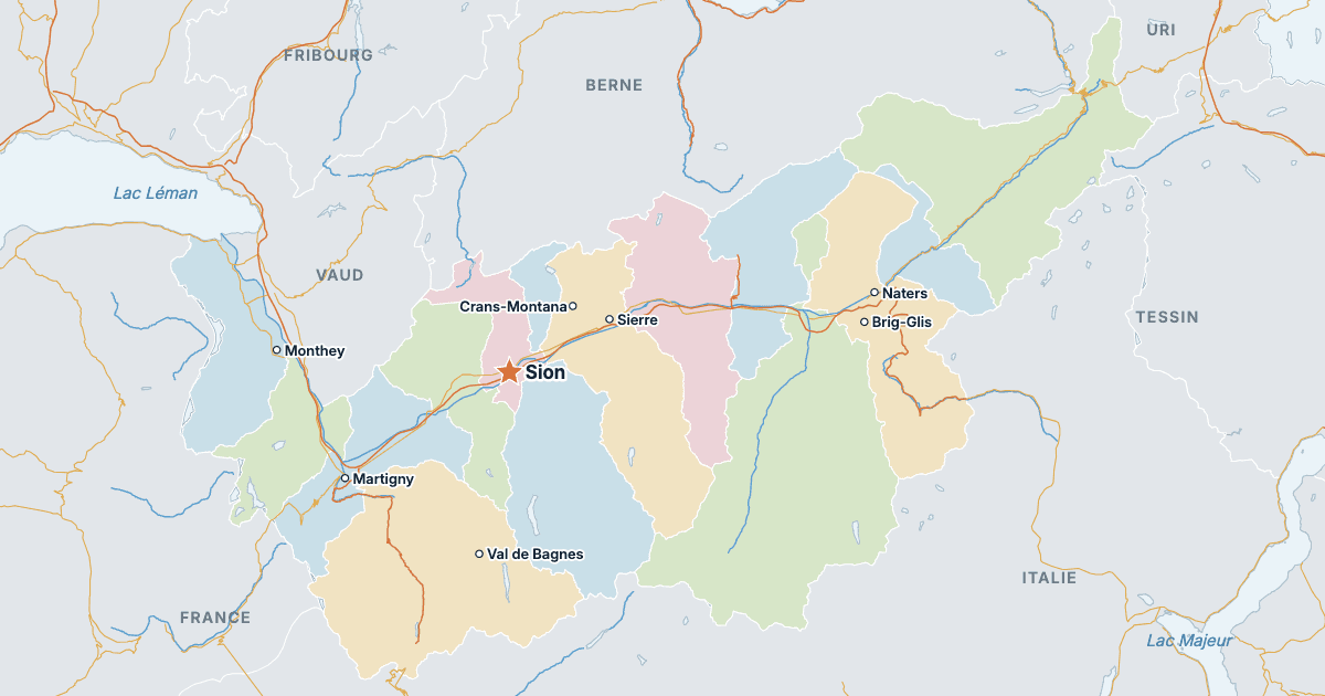 Carte du canton du Valais avec ses plus grandes villes