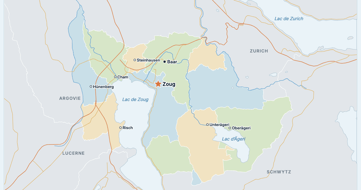 Carte du canton de Zoug avec ses plus grandes villes