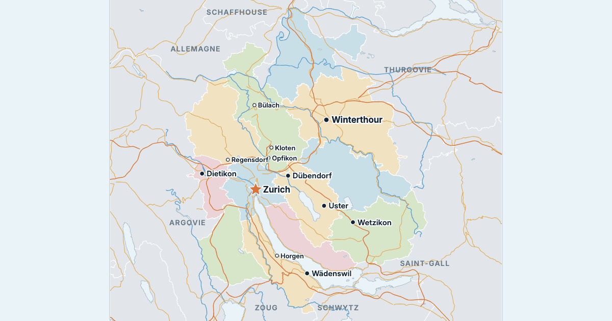 Carte du canton de Zurich avec ses plus grandes villes