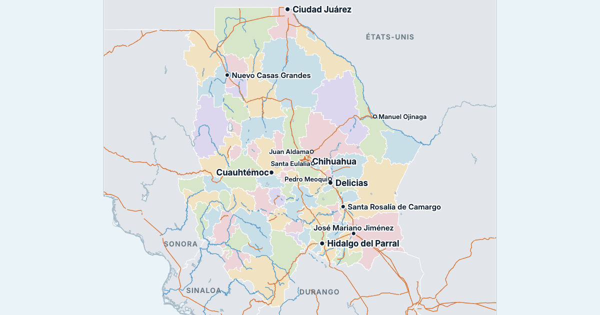 Carte du Chihuahua avec ses plus grandes villes