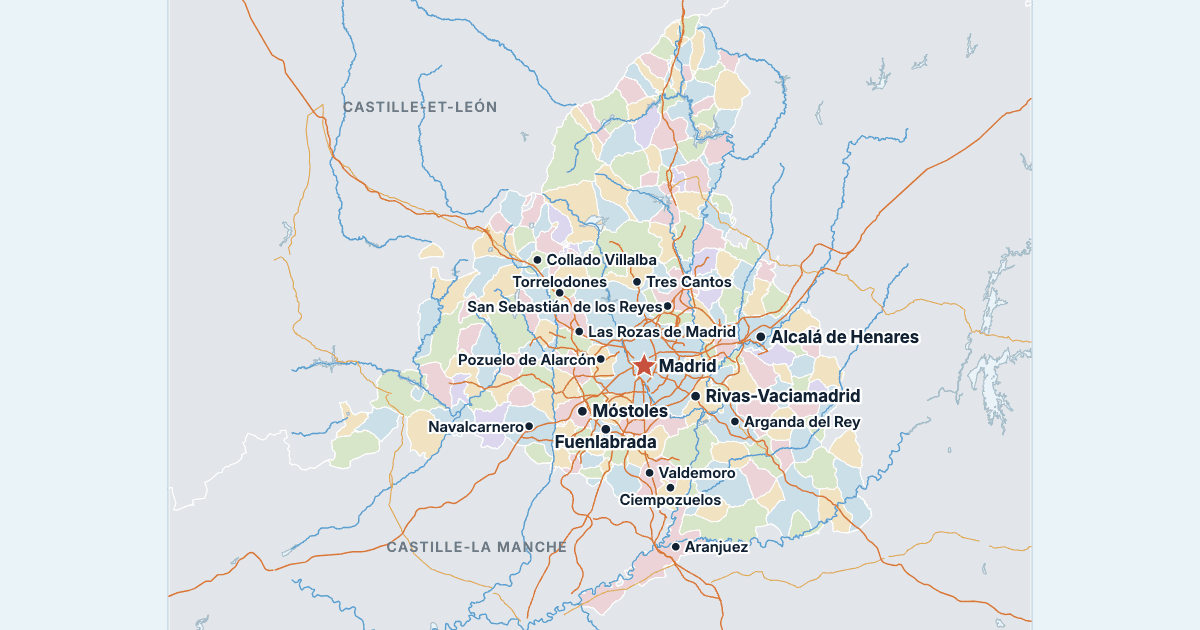 Carte de la Communauté de Madrid avec ses plus grandes villes
