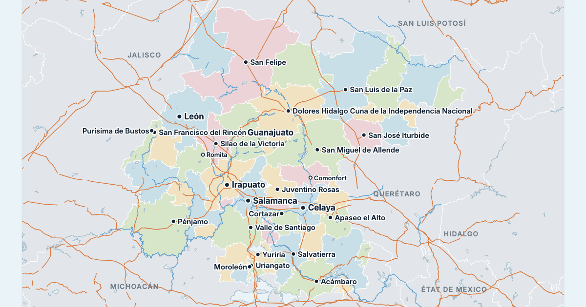 Carte du Guanajuato avec ses plus grandes villes