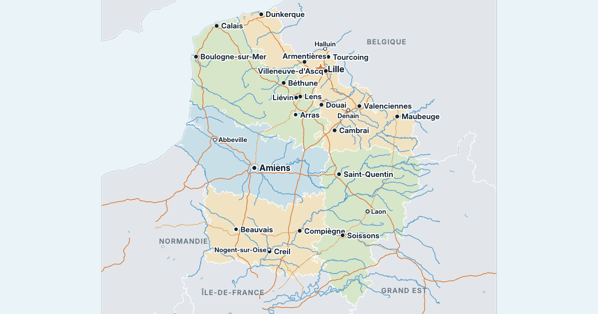 Carte des Hauts-de-France avec ses plus grandes villes