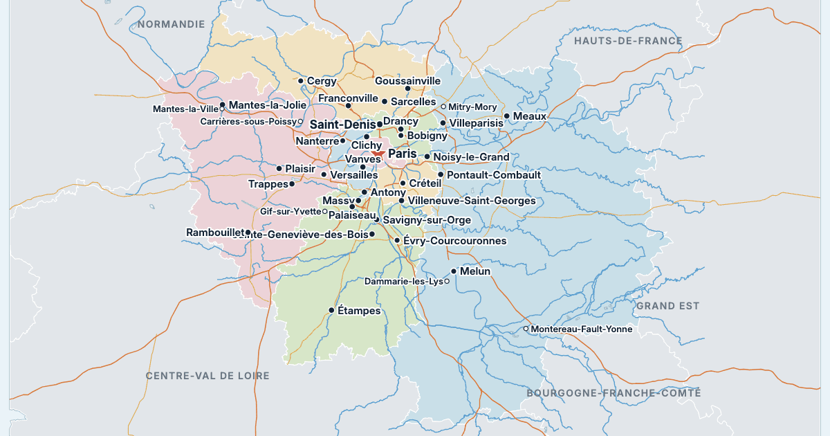 Carte de l’Île-de-France avec ses plus grandes villes