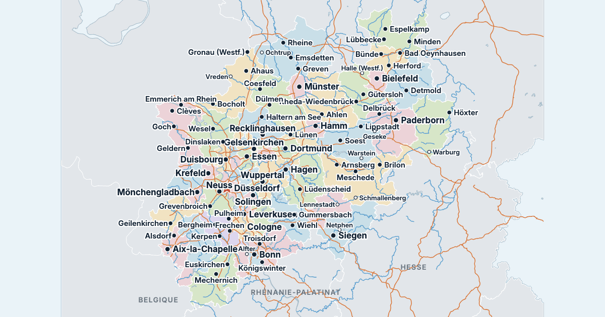 Carte de la Rhénanie-du-Nord-Westphalie avec ses plus grandes villes